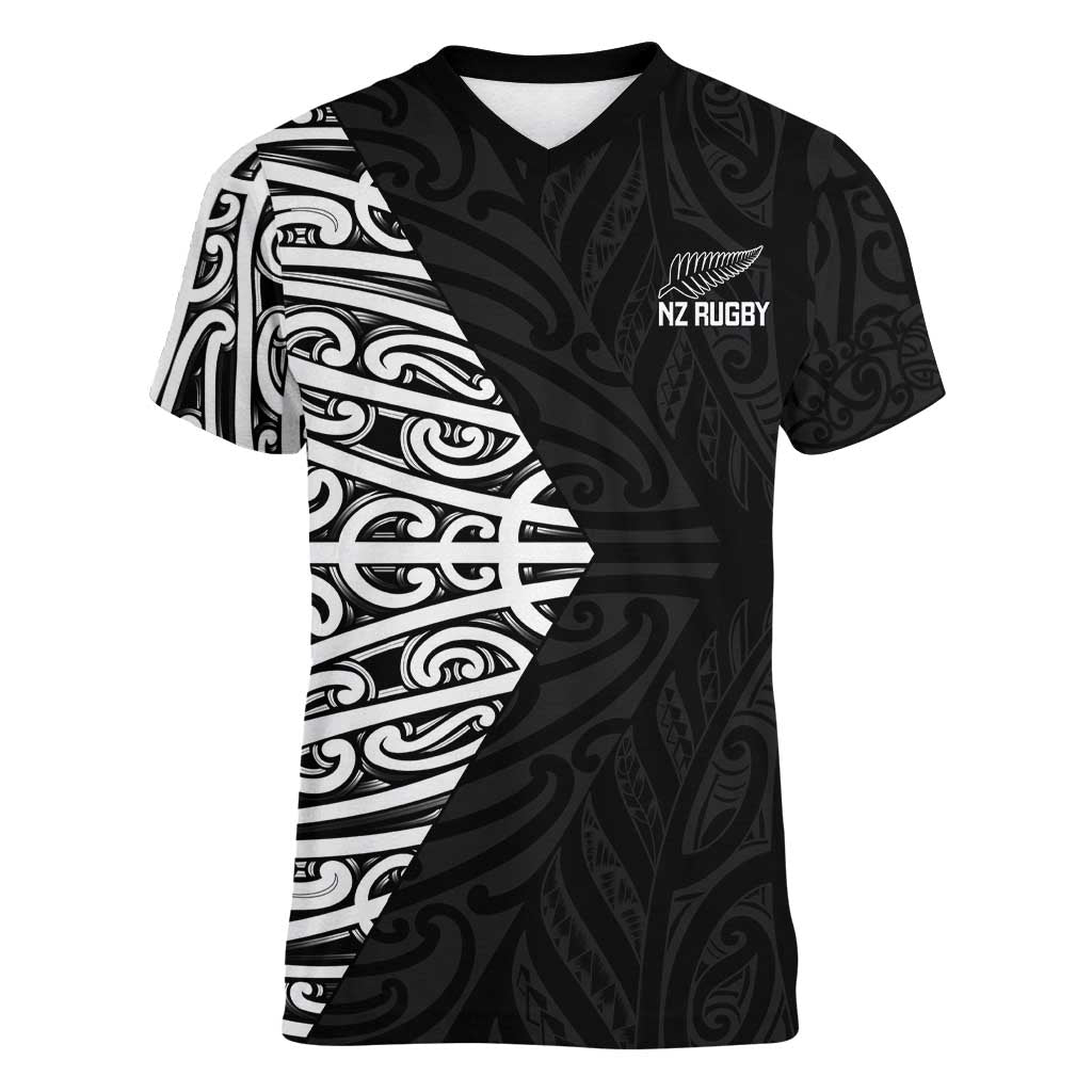 New Zealand Silver Fern Rugby Custom Women V-Neck T-Shirt Maori Koru Go Black Fern LT14 Female Black - Polynesian Pride