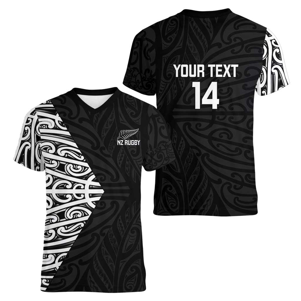 New Zealand Silver Fern Rugby Custom Women V-Neck T-Shirt Maori Koru Go Black Fern LT14 - Polynesian Pride
