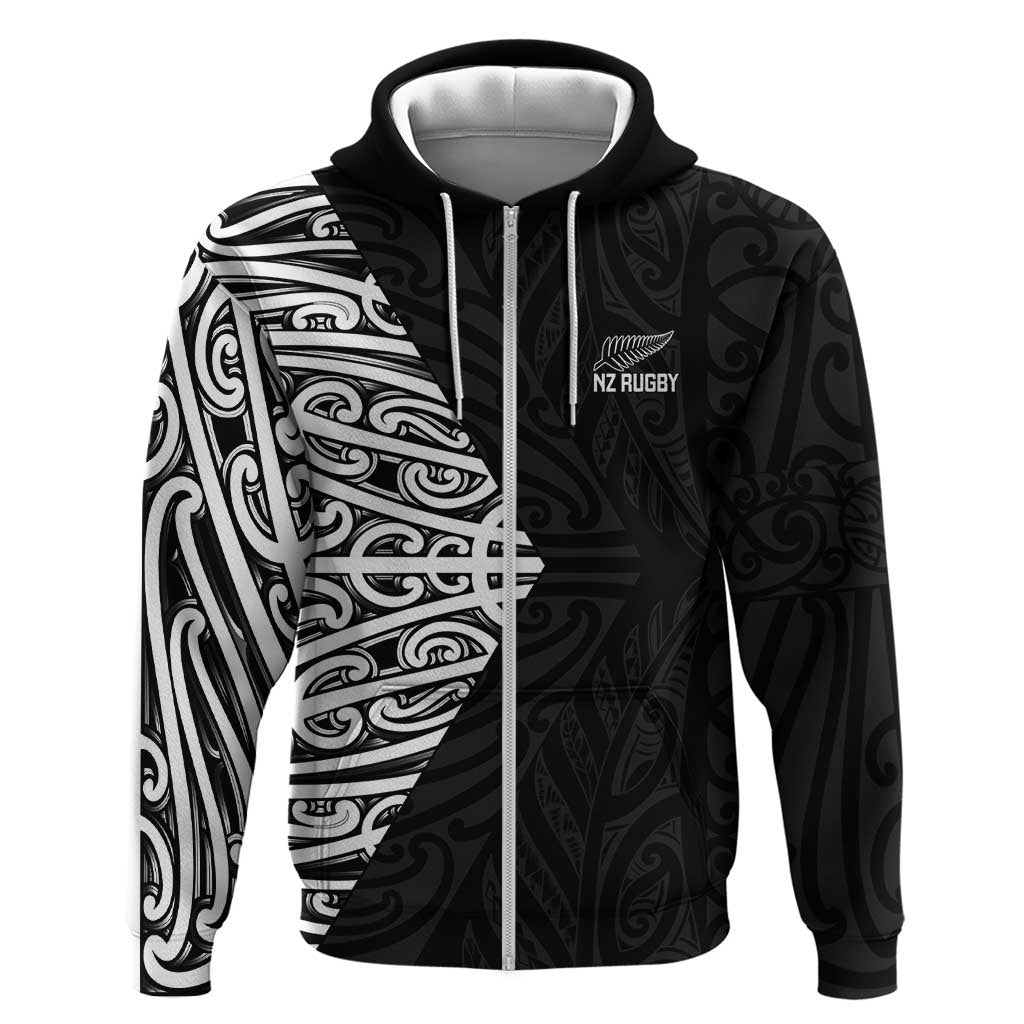 New Zealand Silver Fern Rugby Custom Zip Hoodie Maori Koru Go Black Fern LT14 Zip Hoodie Black - Polynesian Pride