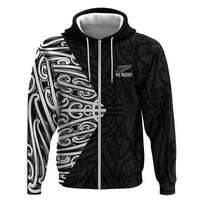 New Zealand Silver Fern Rugby Custom Zip Hoodie Maori Koru Go Black Fern LT14 Zip Hoodie Black - Polynesian Pride