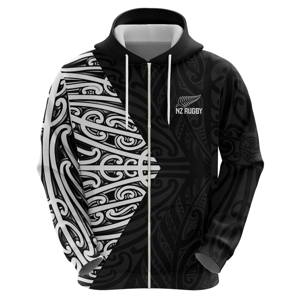New Zealand Silver Fern Rugby Custom Zip Hoodie Maori Koru Go Black Fern LT14 - Polynesian Pride