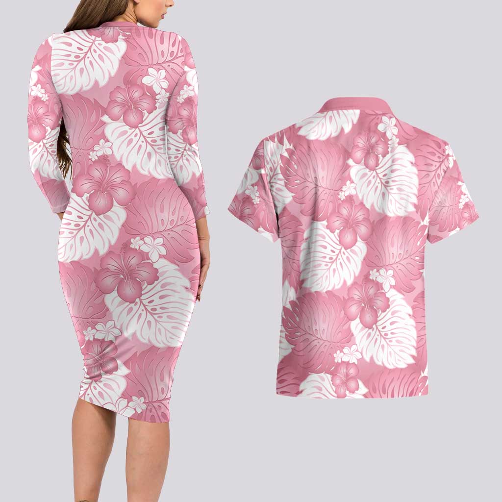 Pink Aloha Hawaii Couples Matching Long Sleeve Bodycon Dress and Hawaiian Shirt Monstera Hibiscus Plumeria Seamless Vibes LT14 - Polynesian Pride