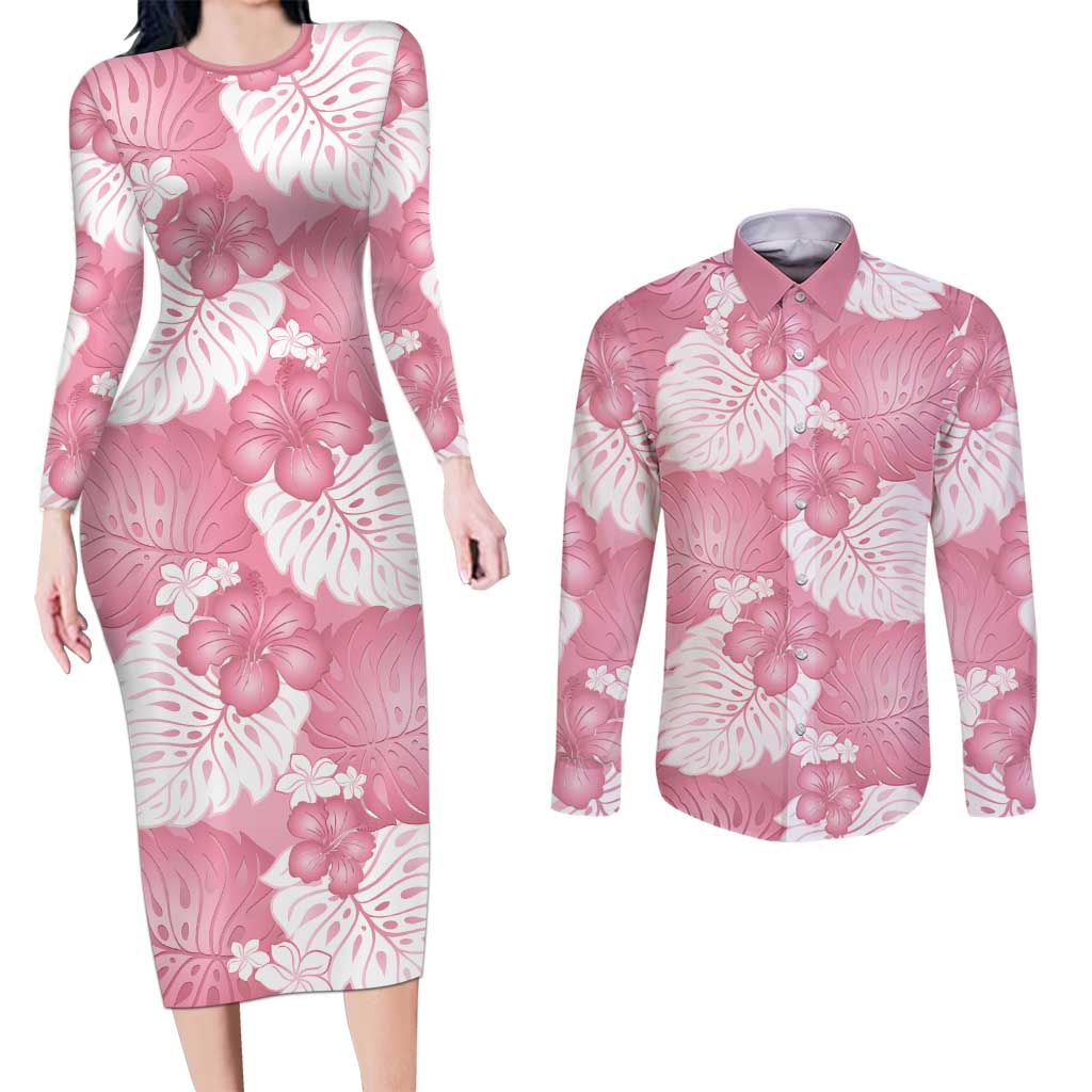 Pink Aloha Hawaii Couples Matching Long Sleeve Bodycon Dress and Long Sleeve Button Shirt Monstera Hibiscus Plumeria Seamless Vibes LT14 Pink - Polynesian Pride
