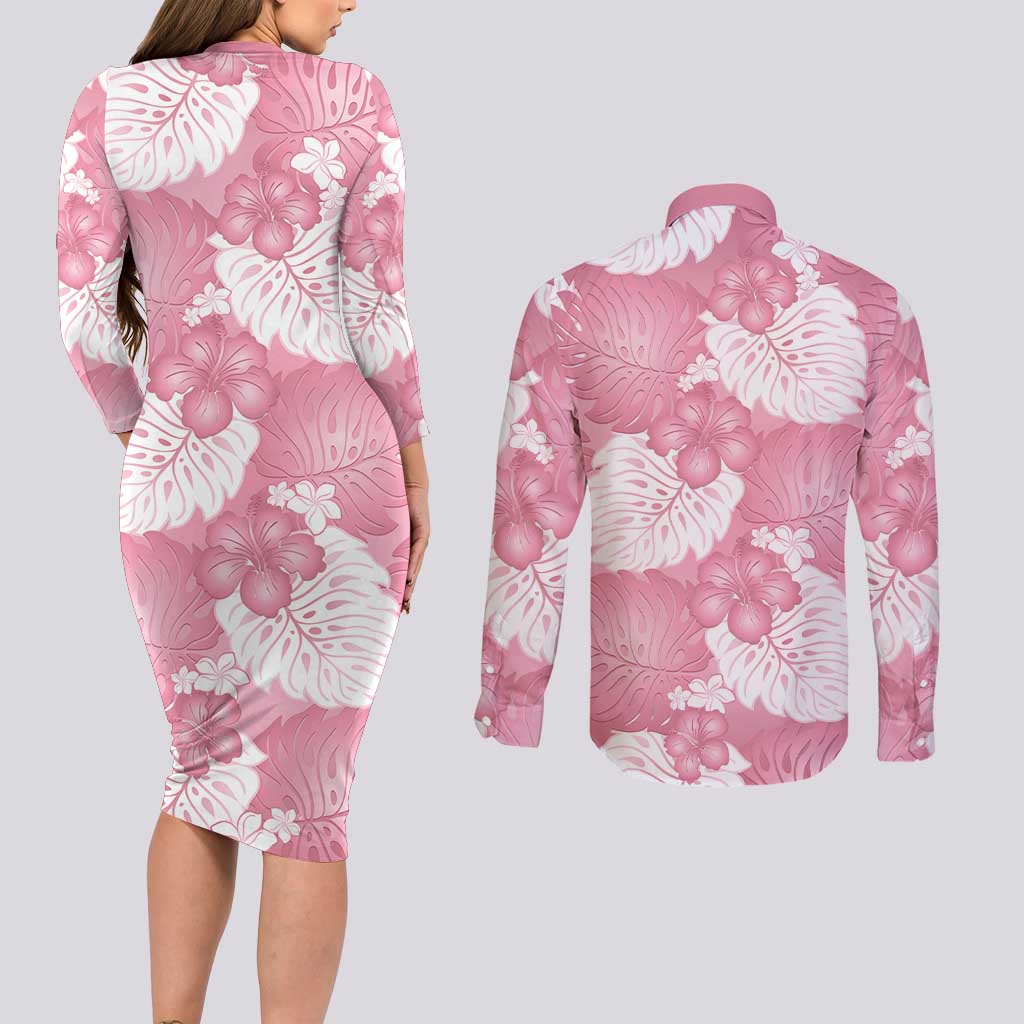 Pink Aloha Hawaii Couples Matching Long Sleeve Bodycon Dress and Long Sleeve Button Shirt Monstera Hibiscus Plumeria Seamless Vibes LT14 - Polynesian Pride