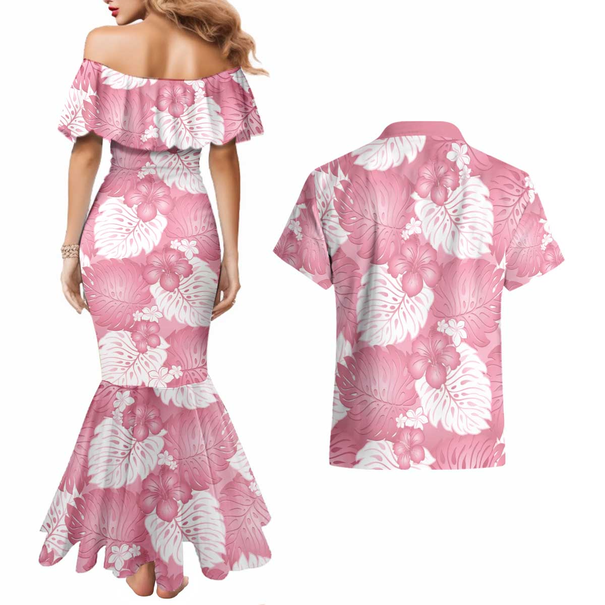 Pink Aloha Hawaii Couples Matching Mermaid Dress and Hawaiian Shirt Monstera Hibiscus Plumeria Seamless Vibes LT14 - Polynesian Pride
