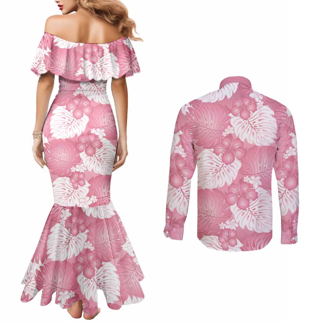 Pink Aloha Hawaii Couples Matching Mermaid Dress and Long Sleeve Button Shirt Monstera Hibiscus Plumeria Seamless Vibes LT14 - Polynesian Pride