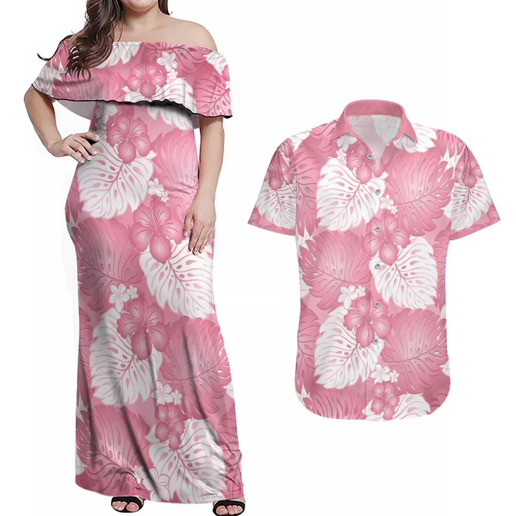 Pink Aloha Hawaii Couples Matching Off Shoulder Maxi Dress and Hawaiian Shirt Monstera Hibiscus Plumeria Seamless Vibes LT14 Pink - Polynesian Pride
