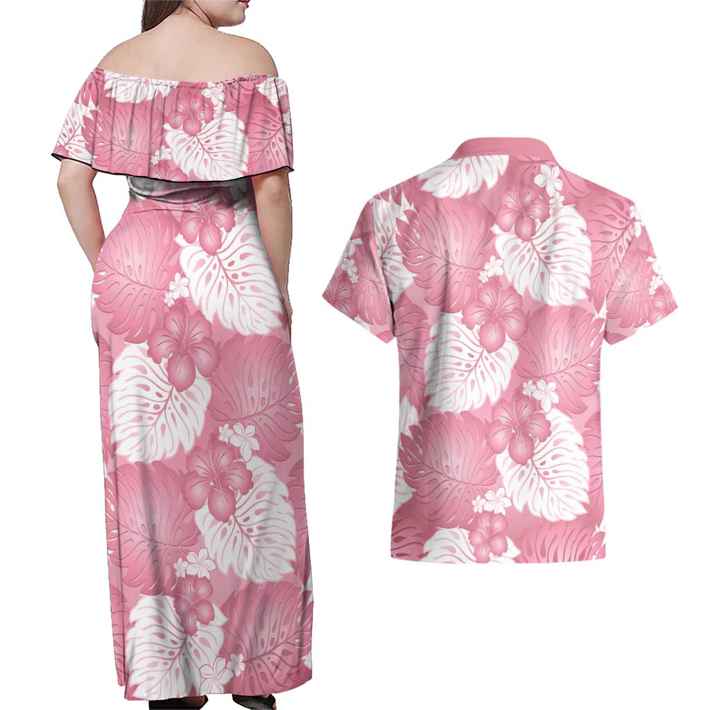 Pink Aloha Hawaii Couples Matching Off Shoulder Maxi Dress and Hawaiian Shirt Monstera Hibiscus Plumeria Seamless Vibes LT14 - Polynesian Pride