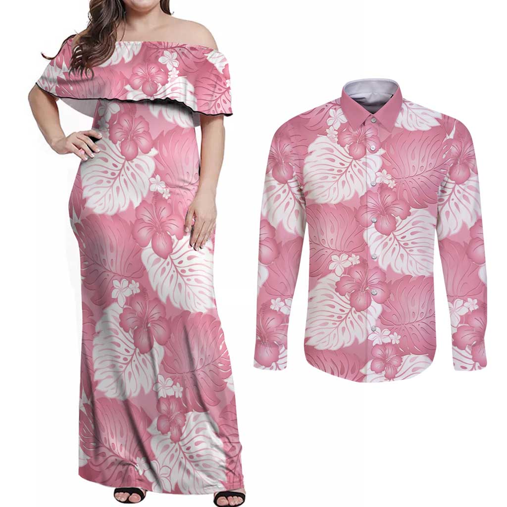 Pink Aloha Hawaii Couples Matching Off Shoulder Maxi Dress and Long Sleeve Button Shirt Monstera Hibiscus Plumeria Seamless Vibes LT14 Pink - Polynesian Pride