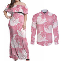 Pink Aloha Hawaii Couples Matching Off Shoulder Maxi Dress and Long Sleeve Button Shirt Monstera Hibiscus Plumeria Seamless Vibes LT14 Pink - Polynesian Pride