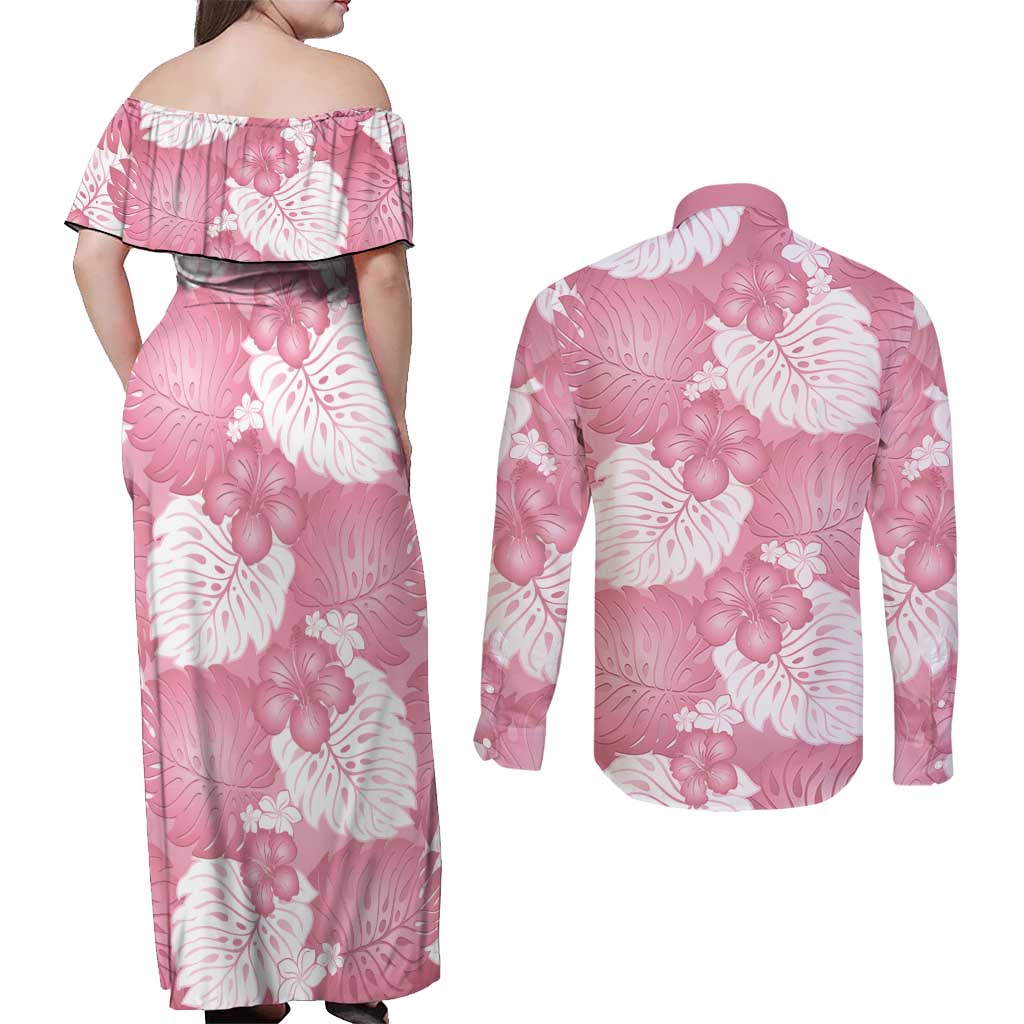 Pink Aloha Hawaii Couples Matching Off Shoulder Maxi Dress and Long Sleeve Button Shirt Monstera Hibiscus Plumeria Seamless Vibes LT14 - Polynesian Pride