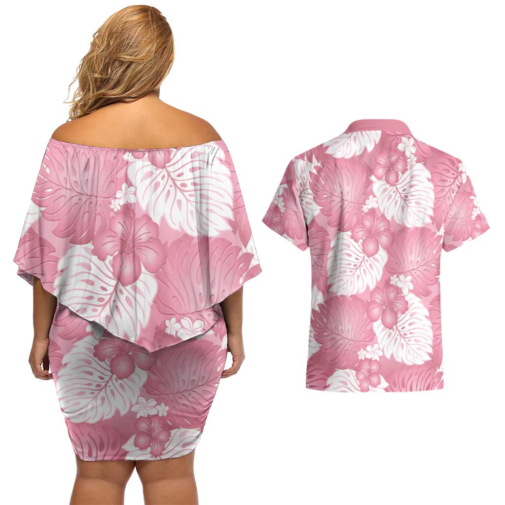Pink Aloha Hawaii Couples Matching Off Shoulder Short Dress and Hawaiian Shirt Monstera Hibiscus Plumeria Seamless Vibes LT14 - Polynesian Pride