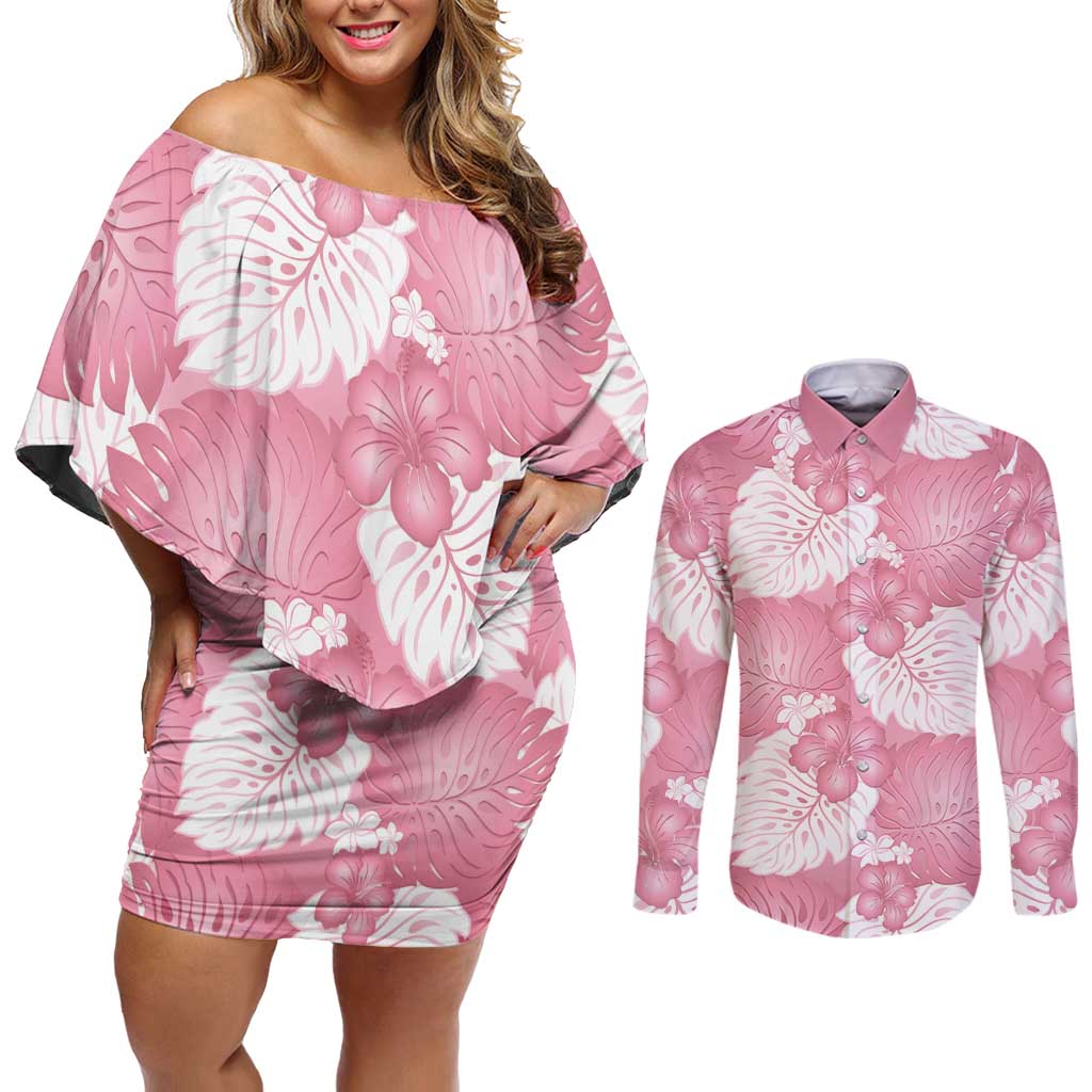 Pink Aloha Hawaii Couples Matching Off Shoulder Short Dress and Long Sleeve Button Shirt Monstera Hibiscus Plumeria Seamless Vibes LT14 Pink - Polynesian Pride