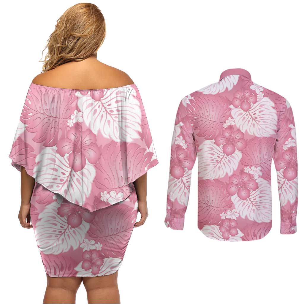 Pink Aloha Hawaii Couples Matching Off Shoulder Short Dress and Long Sleeve Button Shirt Monstera Hibiscus Plumeria Seamless Vibes LT14 - Polynesian Pride