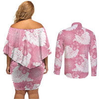 Pink Aloha Hawaii Couples Matching Off Shoulder Short Dress and Long Sleeve Button Shirt Monstera Hibiscus Plumeria Seamless Vibes LT14 - Polynesian Pride