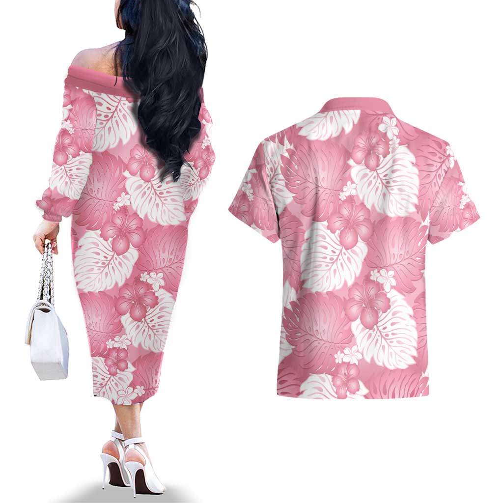 Pink Aloha Hawaii Couples Matching Off The Shoulder Long Sleeve Dress and Hawaiian Shirt Monstera Hibiscus Plumeria Seamless Vibes LT14 - Polynesian Pride