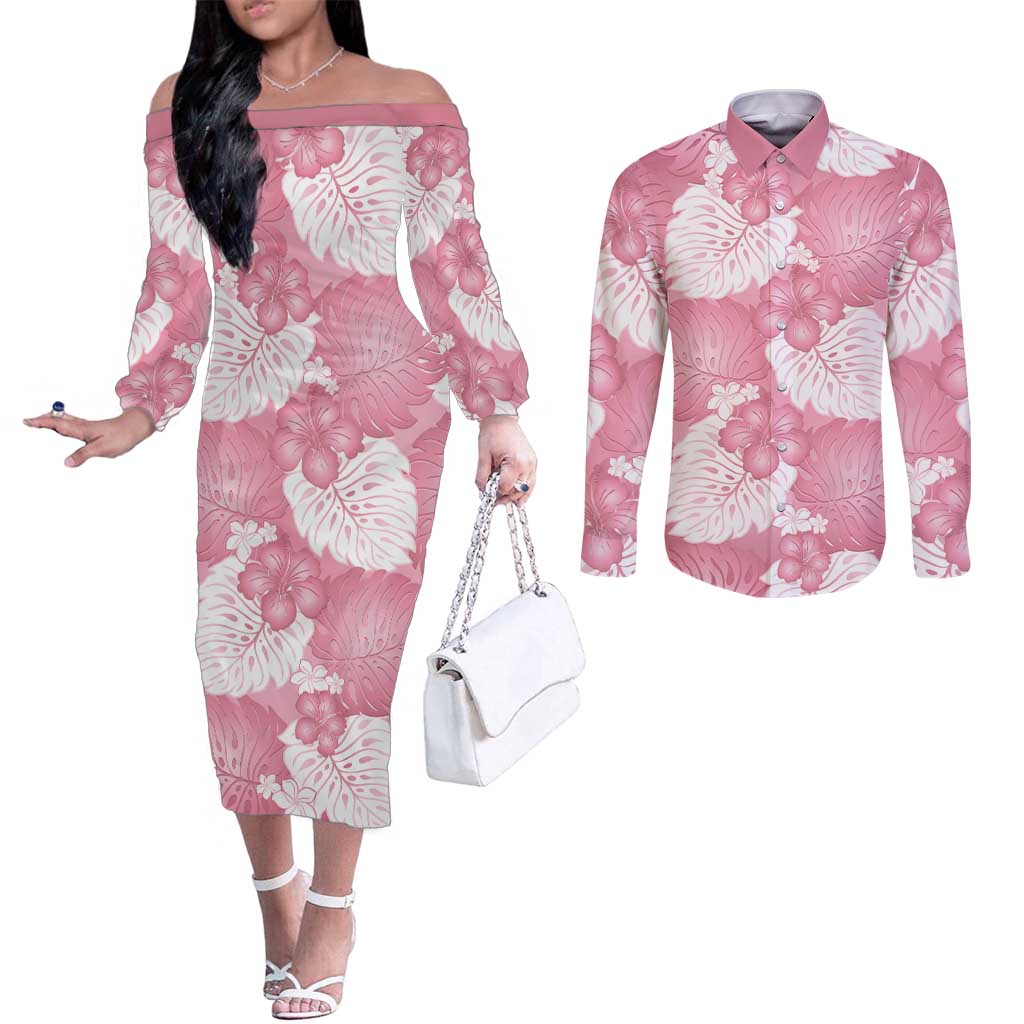Pink Aloha Hawaii Couples Matching Off The Shoulder Long Sleeve Dress and Long Sleeve Button Shirt Monstera Hibiscus Plumeria Seamless Vibes LT14 Pink - Polynesian Pride