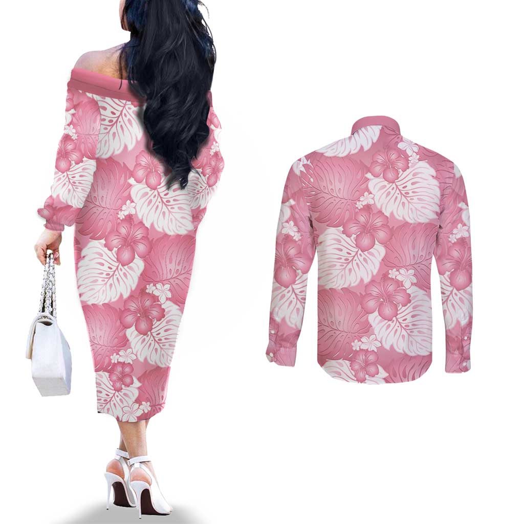 Pink Aloha Hawaii Couples Matching Off The Shoulder Long Sleeve Dress and Long Sleeve Button Shirt Monstera Hibiscus Plumeria Seamless Vibes LT14 - Polynesian Pride