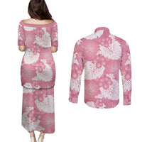 Pink Aloha Hawaii Couples Matching Puletasi and Long Sleeve Button Shirt Monstera Hibiscus Plumeria Seamless Vibes LT14 - Polynesian Pride