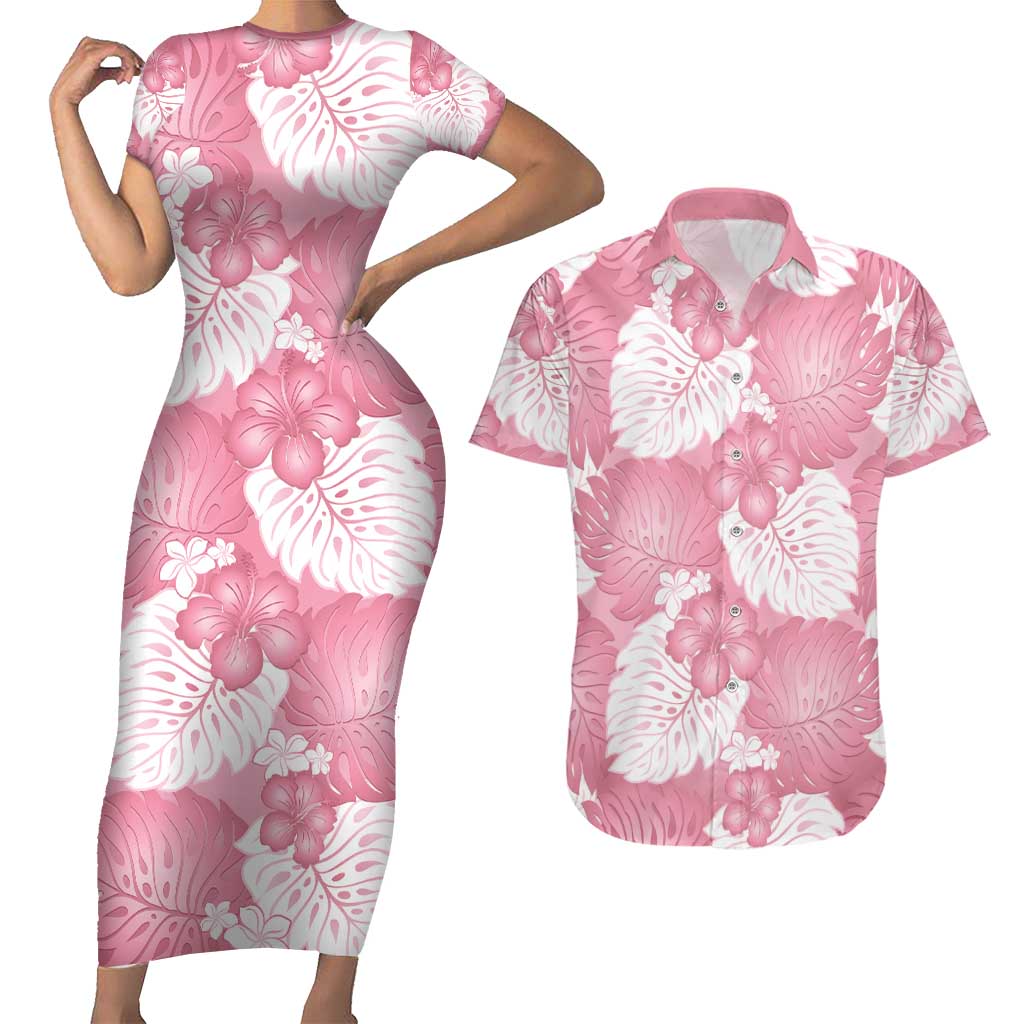 Pink Aloha Hawaii Couples Matching Short Sleeve Bodycon Dress and Hawaiian Shirt Monstera Hibiscus Plumeria Seamless Vibes LT14 Pink - Polynesian Pride