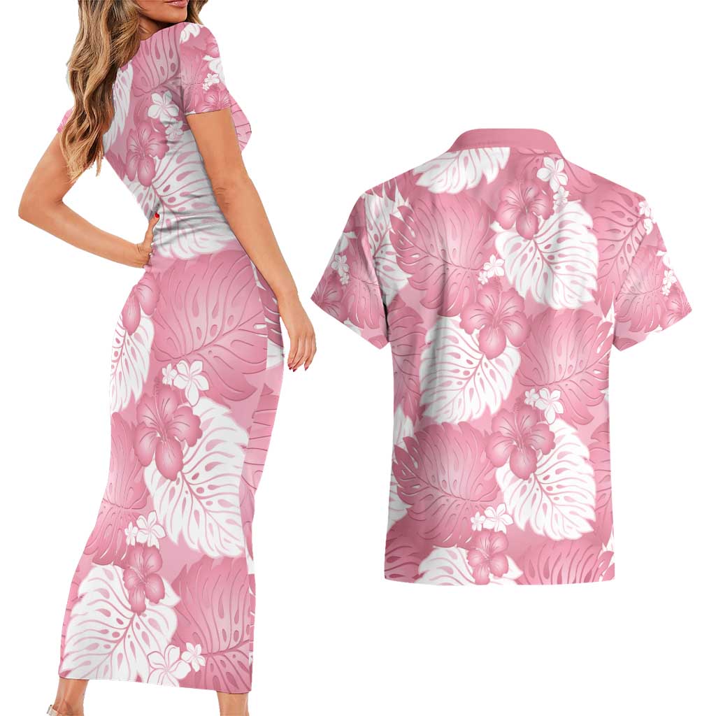 Pink Aloha Hawaii Couples Matching Short Sleeve Bodycon Dress and Hawaiian Shirt Monstera Hibiscus Plumeria Seamless Vibes LT14 - Polynesian Pride