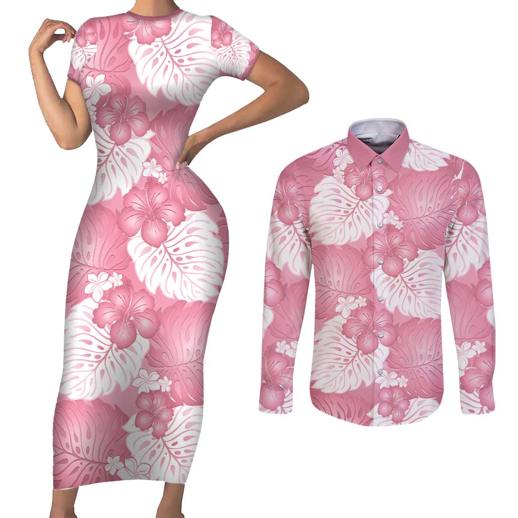 Pink Aloha Hawaii Couples Matching Short Sleeve Bodycon Dress and Long Sleeve Button Shirt Monstera Hibiscus Plumeria Seamless Vibes LT14 Pink - Polynesian Pride