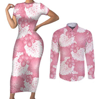 Pink Aloha Hawaii Couples Matching Short Sleeve Bodycon Dress and Long Sleeve Button Shirt Monstera Hibiscus Plumeria Seamless Vibes LT14 Pink - Polynesian Pride