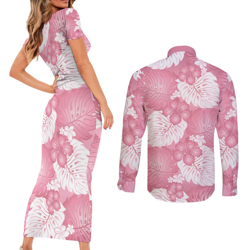 Pink Aloha Hawaii Couples Matching Short Sleeve Bodycon Dress and Long Sleeve Button Shirt Monstera Hibiscus Plumeria Seamless Vibes LT14 - Polynesian Pride