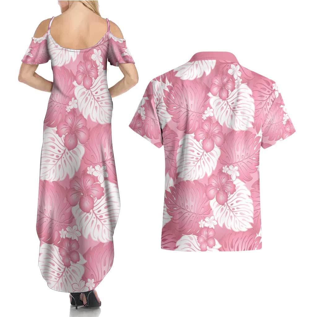 Pink Aloha Hawaii Couples Matching Summer Maxi Dress and Hawaiian Shirt Monstera Hibiscus Plumeria Seamless Vibes LT14 - Polynesian Pride