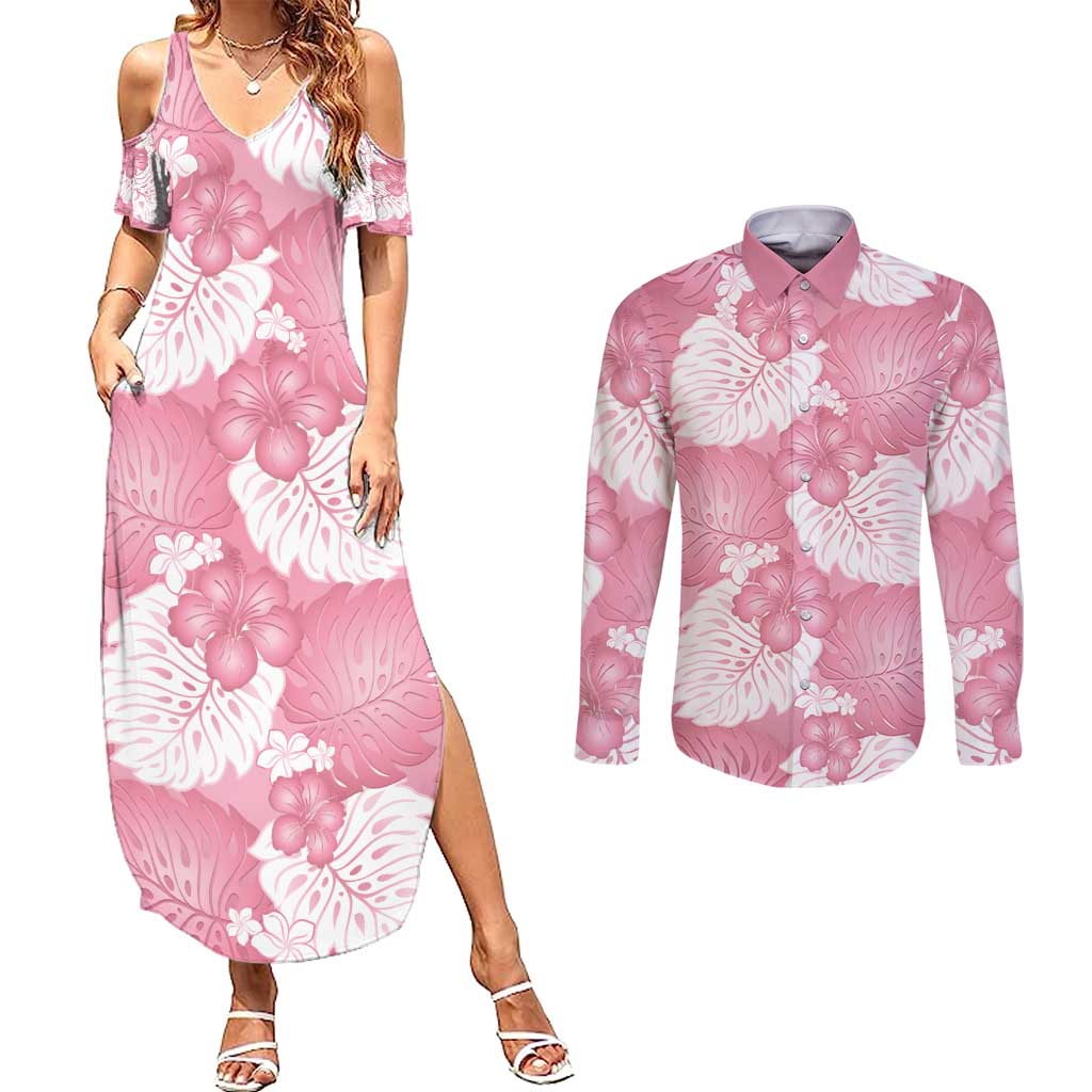 Pink Aloha Hawaii Couples Matching Summer Maxi Dress and Long Sleeve Button Shirt Monstera Hibiscus Plumeria Seamless Vibes LT14 Pink - Polynesian Pride