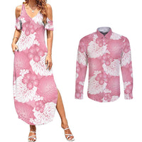 Pink Aloha Hawaii Couples Matching Summer Maxi Dress and Long Sleeve Button Shirt Monstera Hibiscus Plumeria Seamless Vibes LT14 Pink - Polynesian Pride