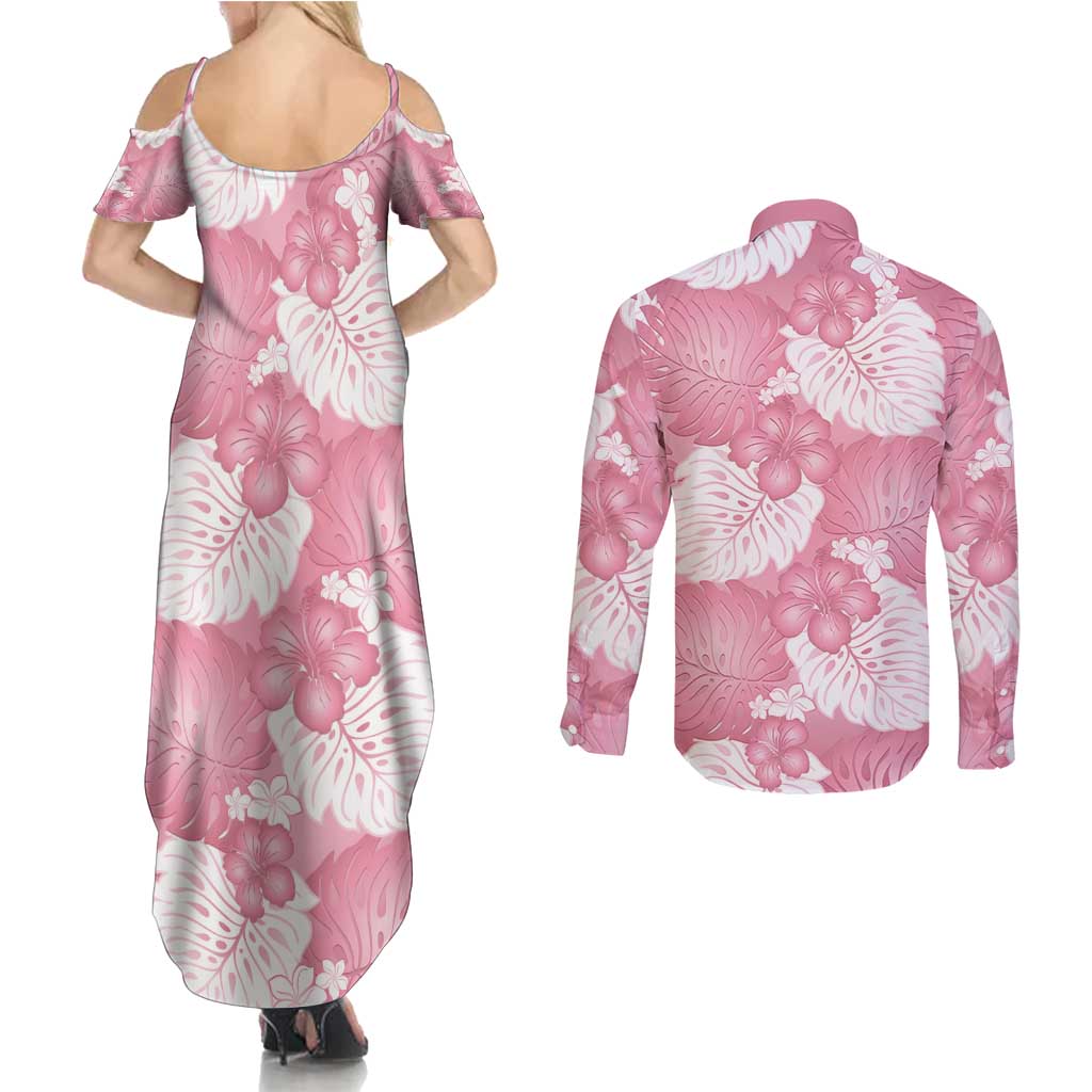 Pink Aloha Hawaii Couples Matching Summer Maxi Dress and Long Sleeve Button Shirt Monstera Hibiscus Plumeria Seamless Vibes LT14 - Polynesian Pride