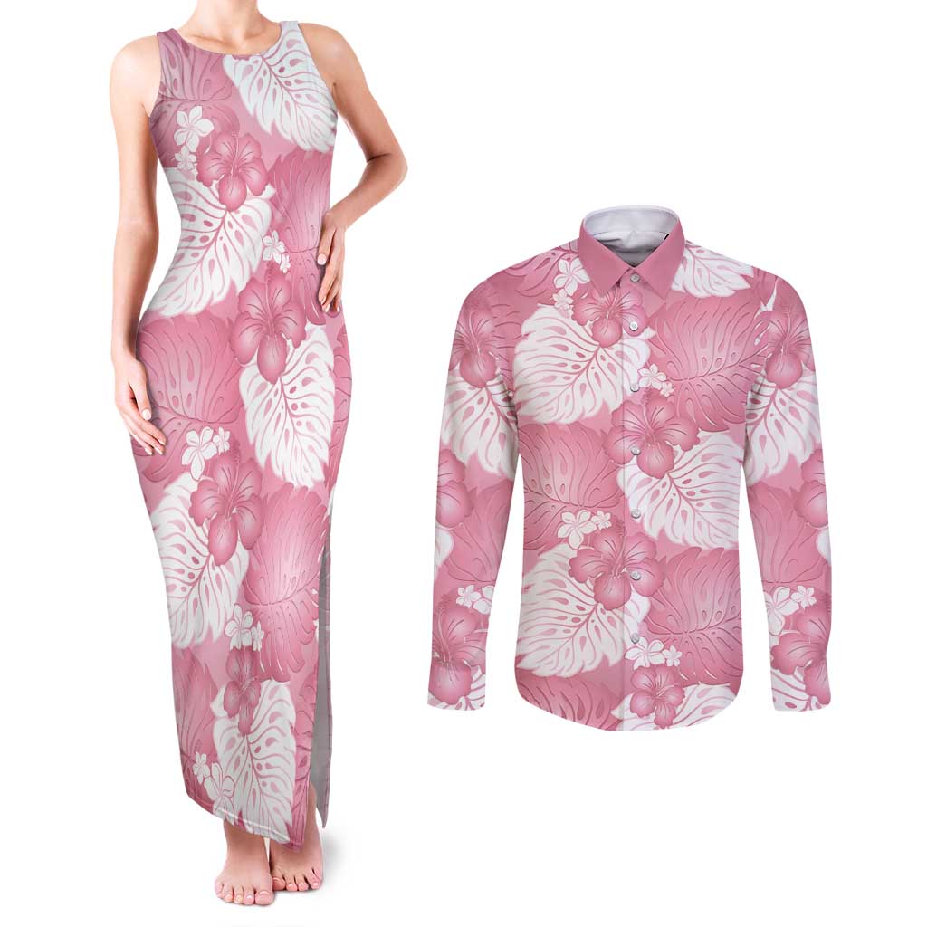 Pink Aloha Hawaii Couples Matching Tank Maxi Dress and Long Sleeve Button Shirt Monstera Hibiscus Plumeria Seamless Vibes LT14 Pink - Polynesian Pride