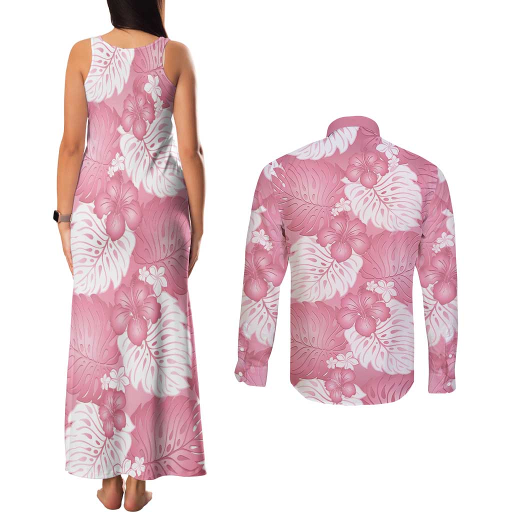 Pink Aloha Hawaii Couples Matching Tank Maxi Dress and Long Sleeve Button Shirt Monstera Hibiscus Plumeria Seamless Vibes LT14 - Polynesian Pride