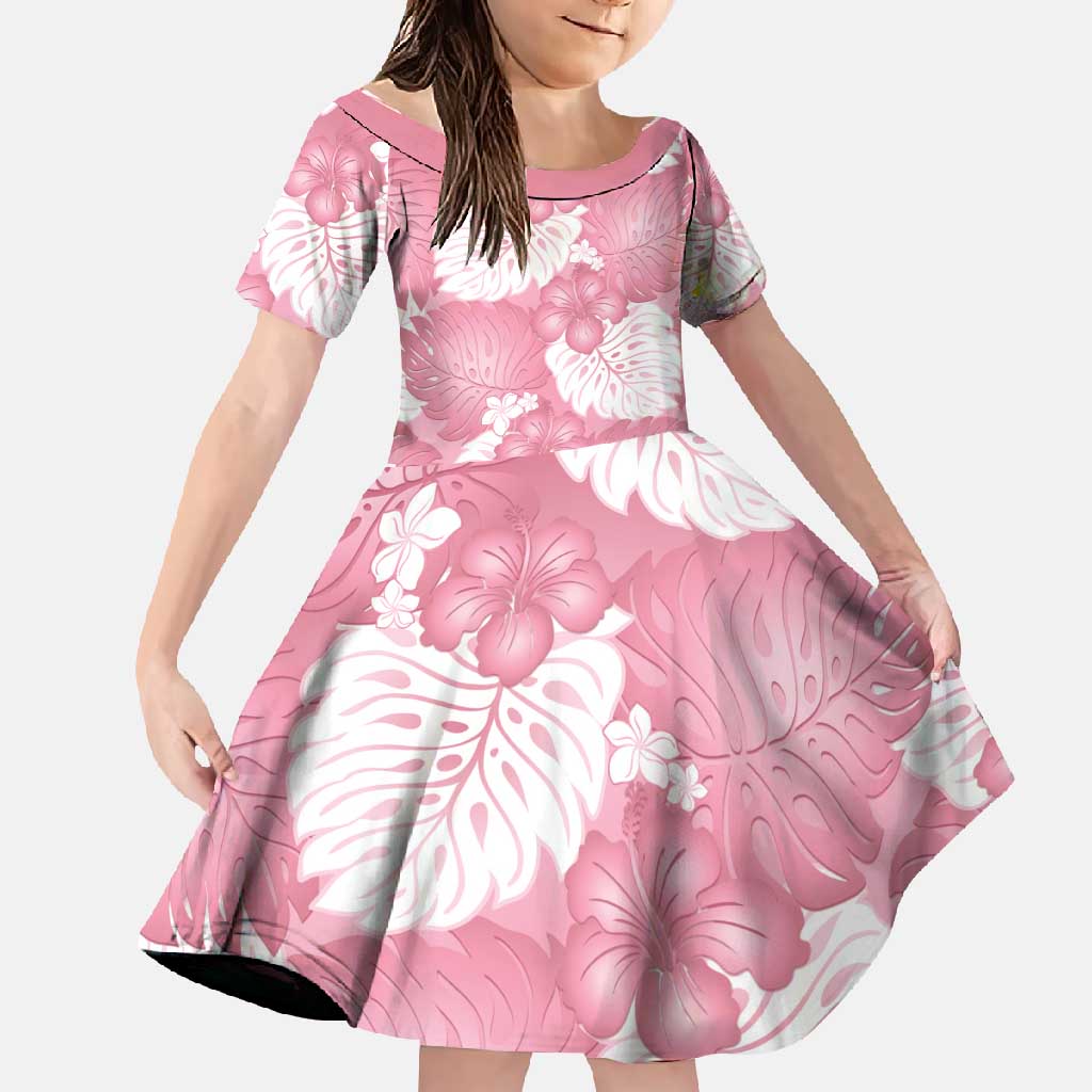 Pink Aloha Hawaii Family Matching Mermaid Dress and Hawaiian Shirt Monstera Hibiscus Plumeria Seamless Vibes LT14 Daughter's Dress Pink - Polynesian Pride