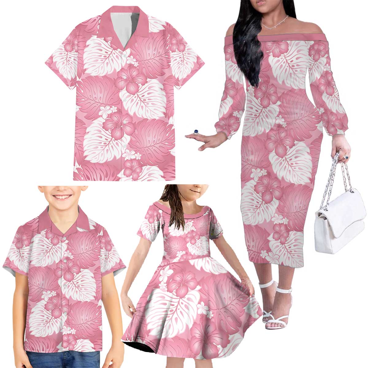 Pink Aloha Hawaii Family Matching Off The Shoulder Long Sleeve Dress and Hawaiian Shirt Monstera Hibiscus Plumeria Seamless Vibes LT14 - Polynesian Pride