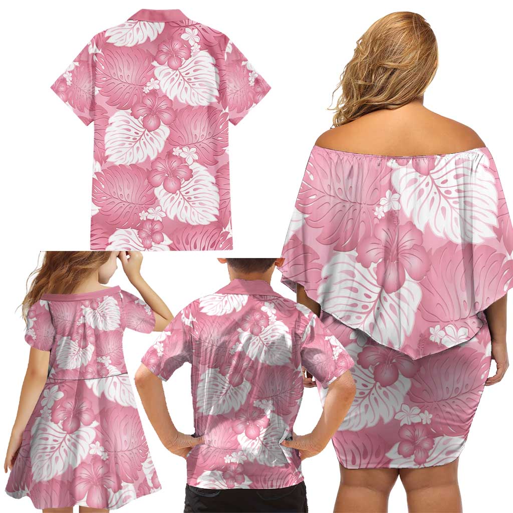 Pink Aloha Hawaii Family Matching Off Shoulder Short Dress and Hawaiian Shirt Monstera Hibiscus Plumeria Seamless Vibes LT14 - Polynesian Pride
