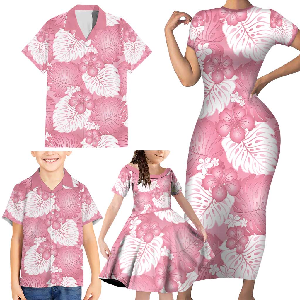 Pink Aloha Hawaii Family Matching Short Sleeve Bodycon Dress and Hawaiian Shirt Monstera Hibiscus Plumeria Seamless Vibes LT14 - Polynesian Pride
