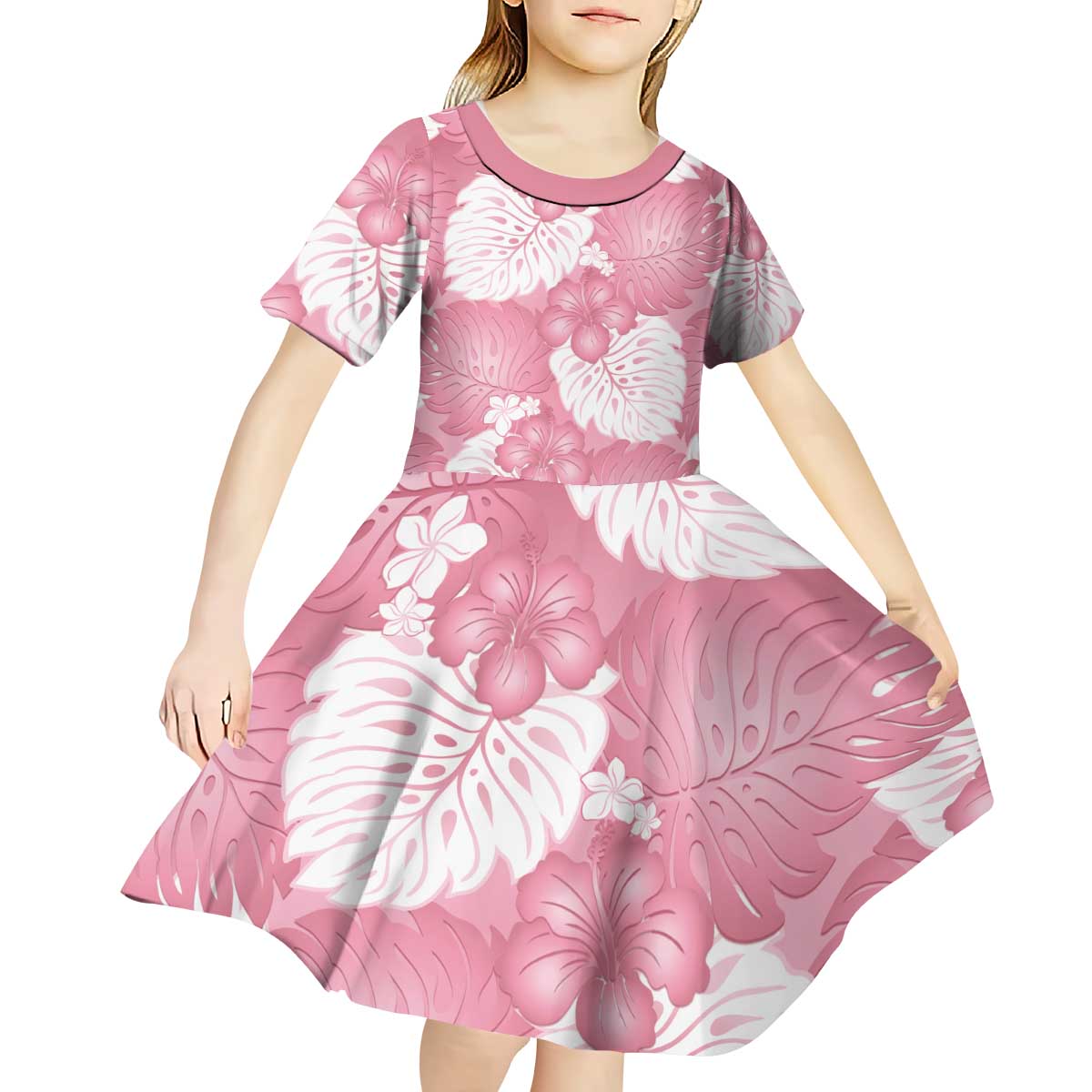 Pink Aloha Hawaii Kid Short Sleeve Dress Monstera Hibiscus Plumeria Seamless Vibes LT14 - Polynesian Pride