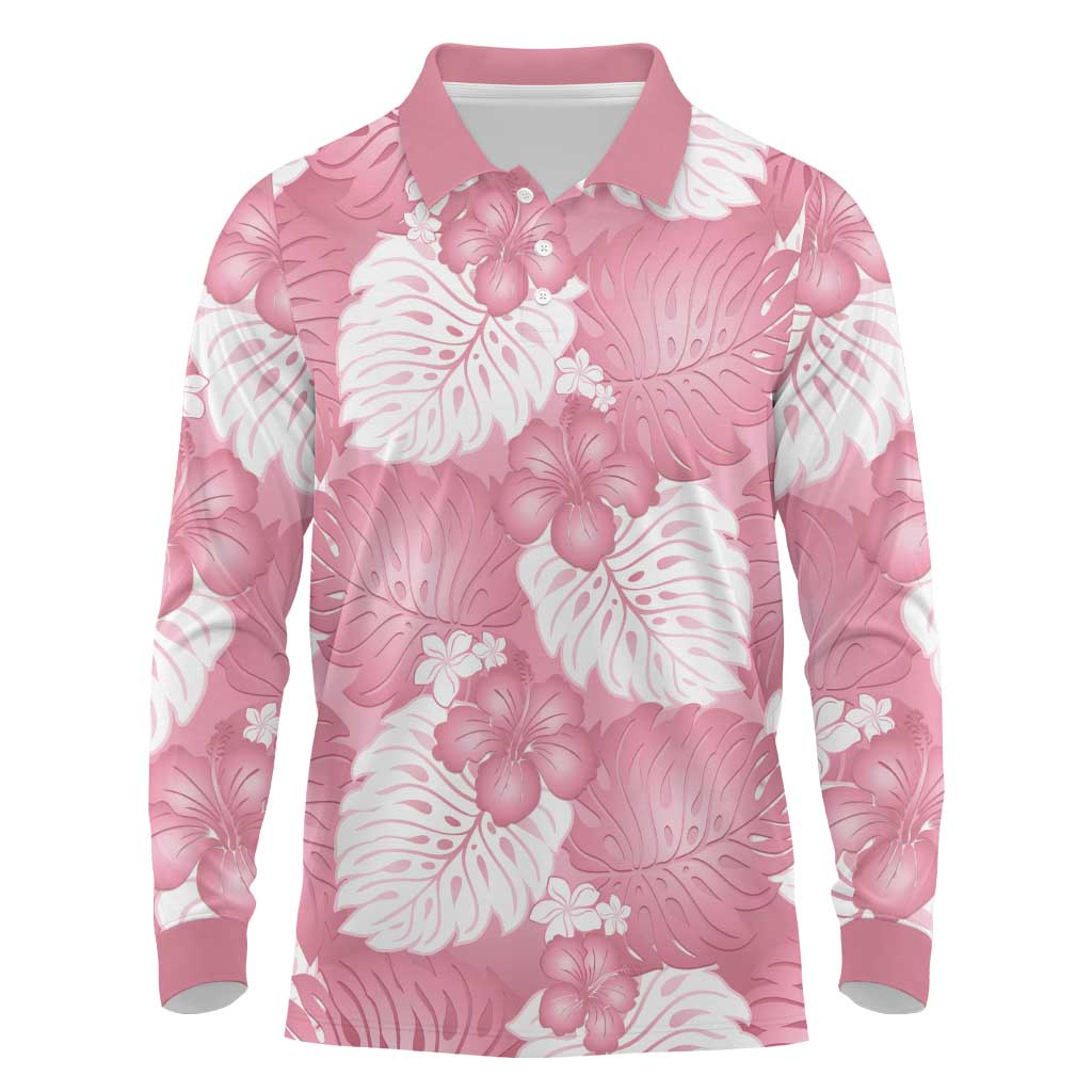 Pink Aloha Hawaii Long Sleeve Polo Shirt Monstera Hibiscus Plumeria Seamless Vibes LT14 Pink - Polynesian Pride