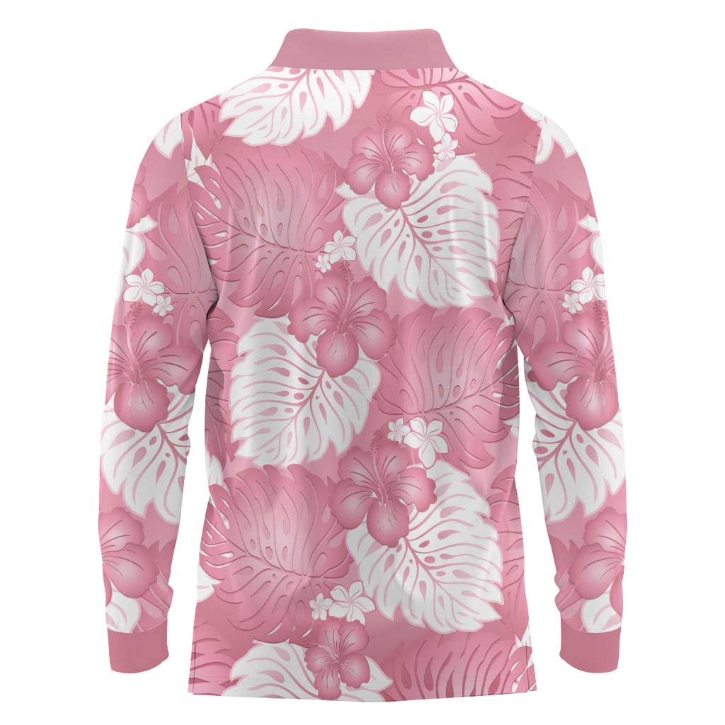 Pink Aloha Hawaii Long Sleeve Polo Shirt Monstera Hibiscus Plumeria Seamless Vibes LT14 - Polynesian Pride