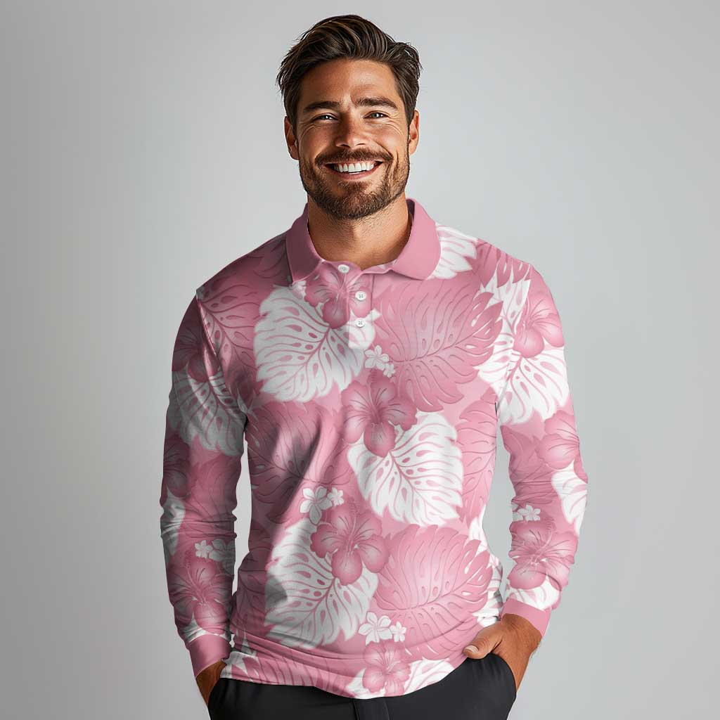 Pink Aloha Hawaii Long Sleeve Polo Shirt Monstera Hibiscus Plumeria Seamless Vibes LT14 - Polynesian Pride