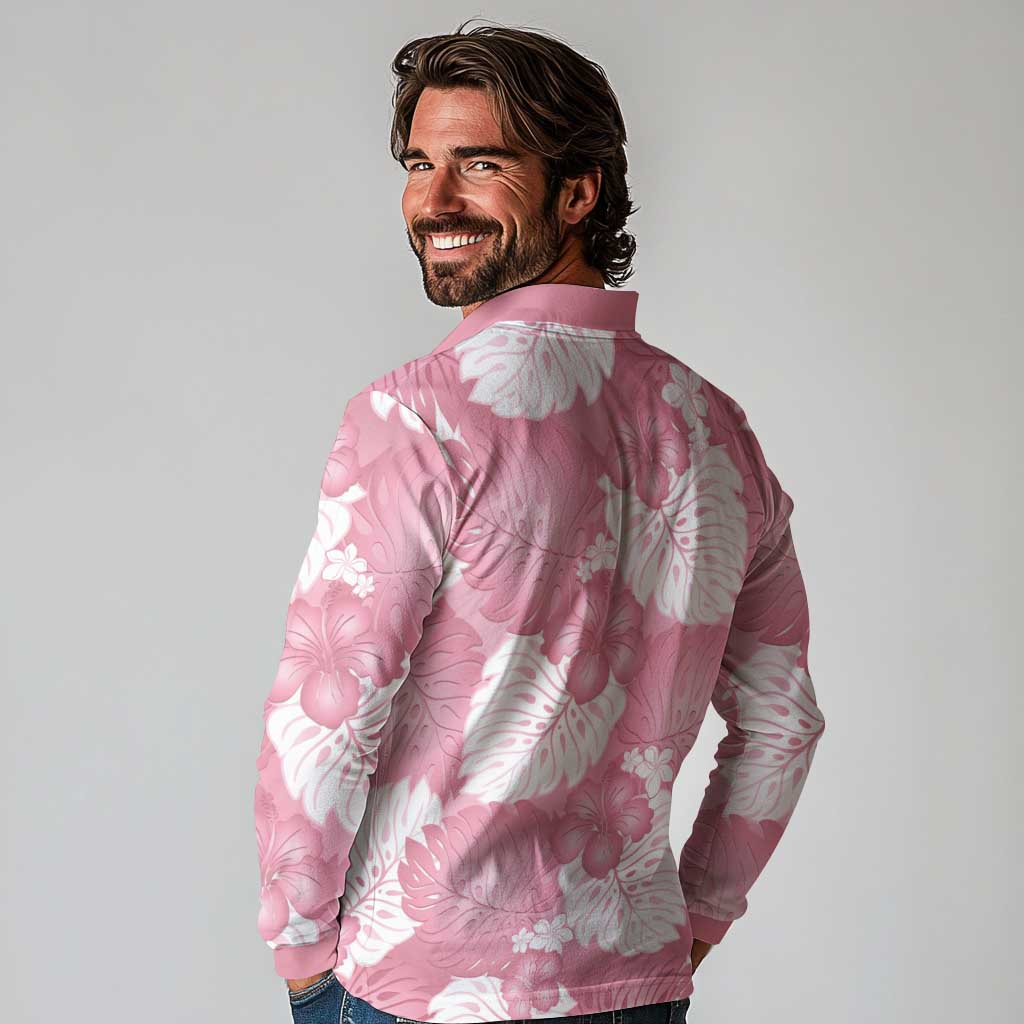 Pink Aloha Hawaii Long Sleeve Polo Shirt Monstera Hibiscus Plumeria Seamless Vibes LT14 - Polynesian Pride