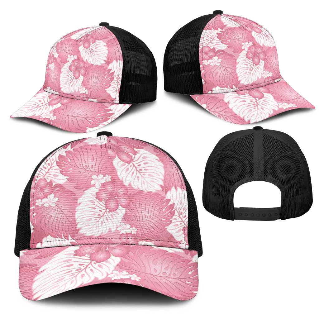 Pink Aloha Hawaii Mesh Trucker Cap Monstera Hibiscus Plumeria Seamless Vibes - Polynesian Pride