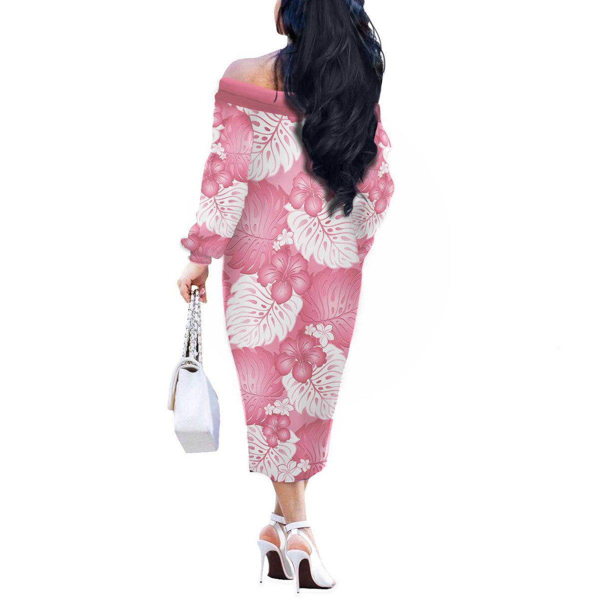 Pink Aloha Hawaii Off The Shoulder Long Sleeve Dress Monstera Hibiscus Plumeria Seamless Vibes LT14 - Polynesian Pride