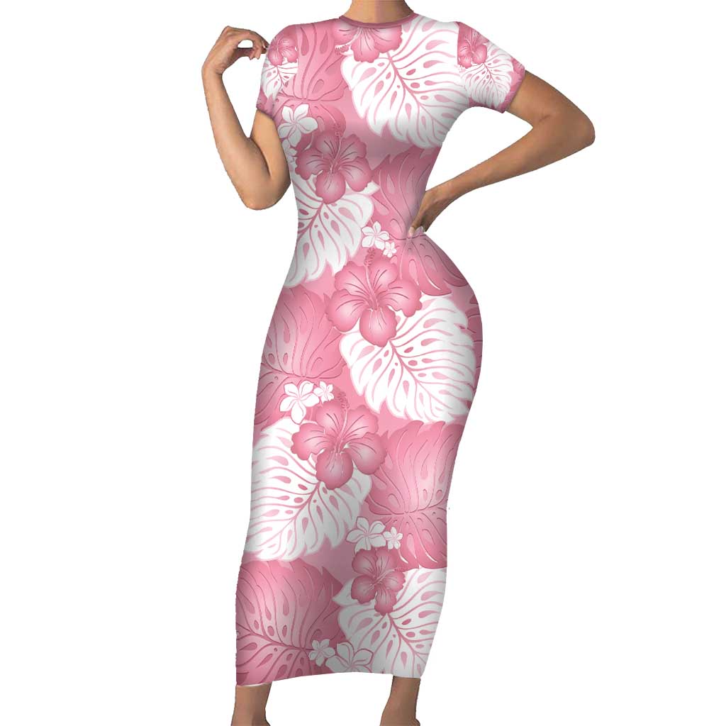 Pink Aloha Hawaii Short Sleeve Bodycon Dress Monstera Hibiscus Plumeria Seamless Vibes LT14 Long Dress Pink - Polynesian Pride