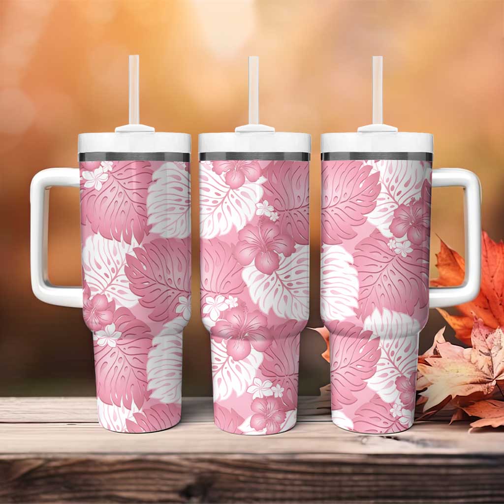 Pink Aloha Hawaii Tumbler With Handle Monstera Hibiscus Plumeria Seamless Vibes - Polynesian Pride