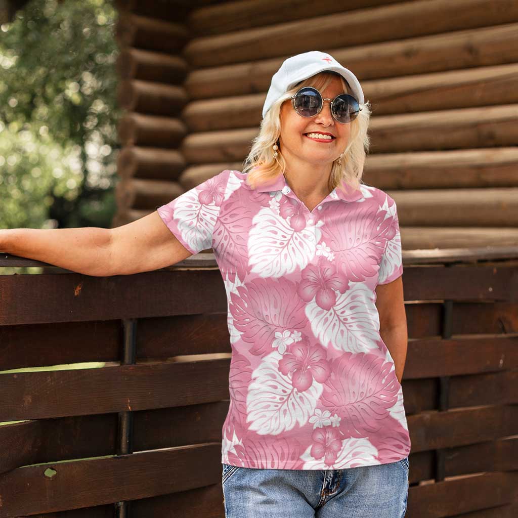 Pink Aloha Hawaii Women Polo Shirt Monstera Hibiscus Plumeria Seamless Vibes LT14 - Polynesian Pride
