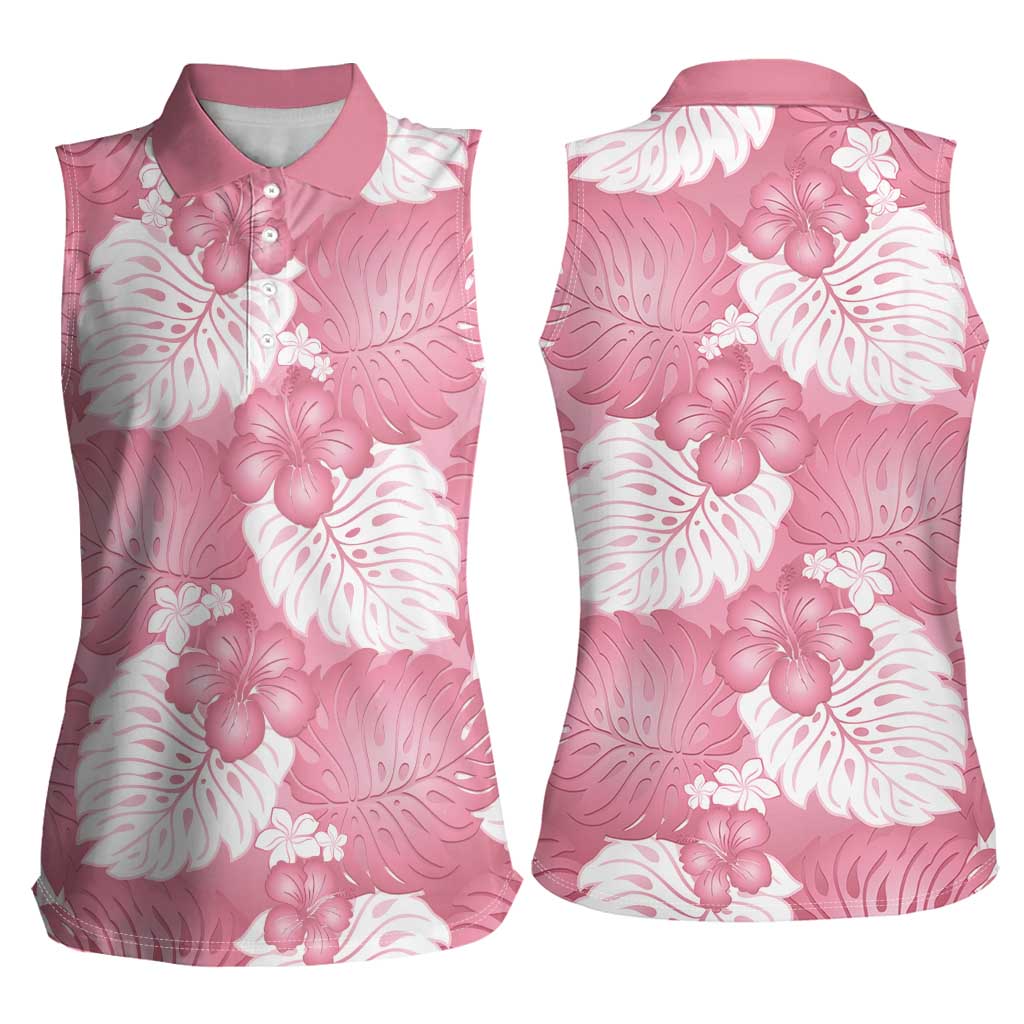 Pink Aloha Hawaii Women Sleeveless Polo Shirt Monstera Hibiscus Plumeria Seamless Vibes LT14 - Polynesian Pride