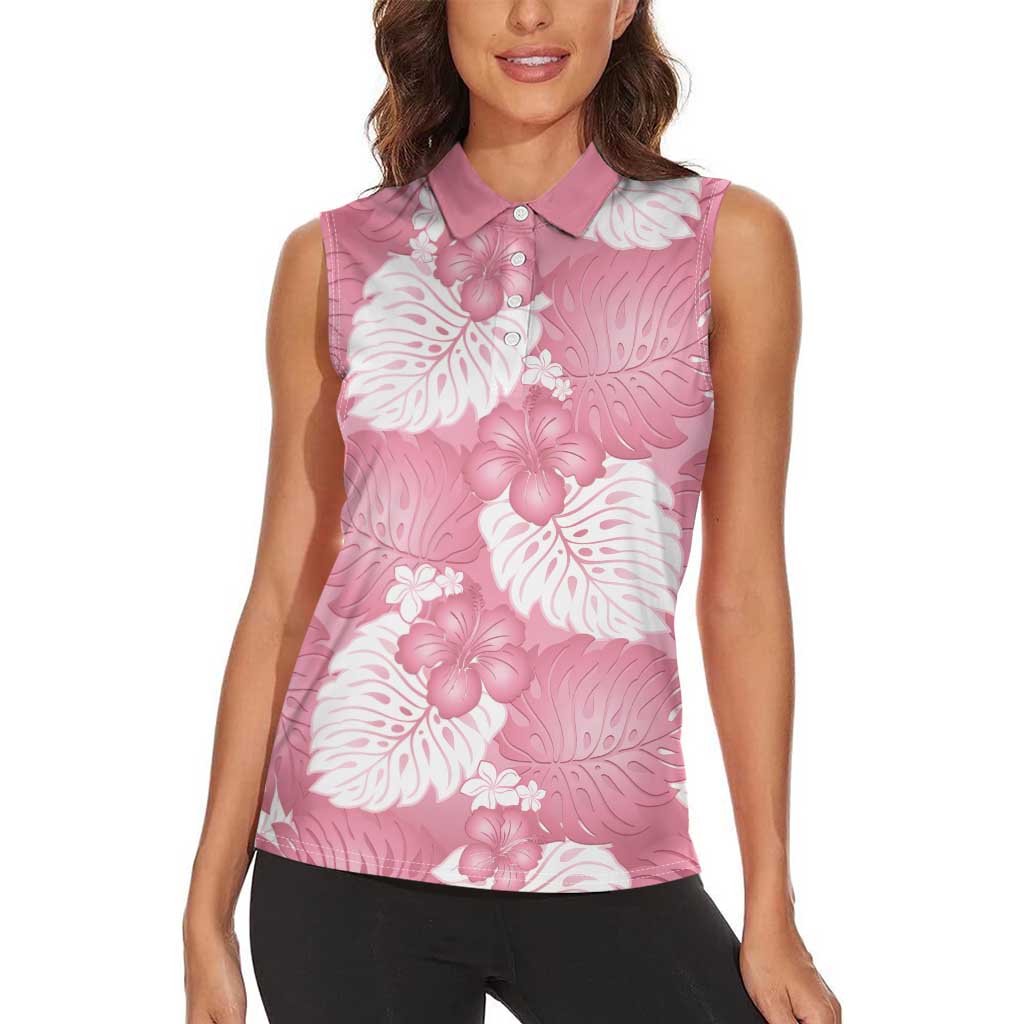 Pink Aloha Hawaii Women Sleeveless Polo Shirt Monstera Hibiscus Plumeria Seamless Vibes LT14 - Polynesian Pride